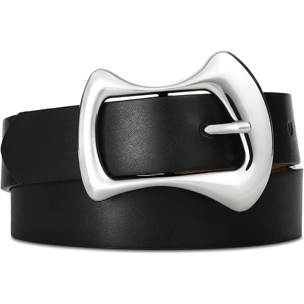 Women's Black Leather Belt with Silver Buckle for Jeans Dresses XL Fit